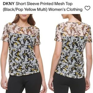 DKNY Black Sheer Floral Short Sleeve Blouse with White & Yellow Print NWT L